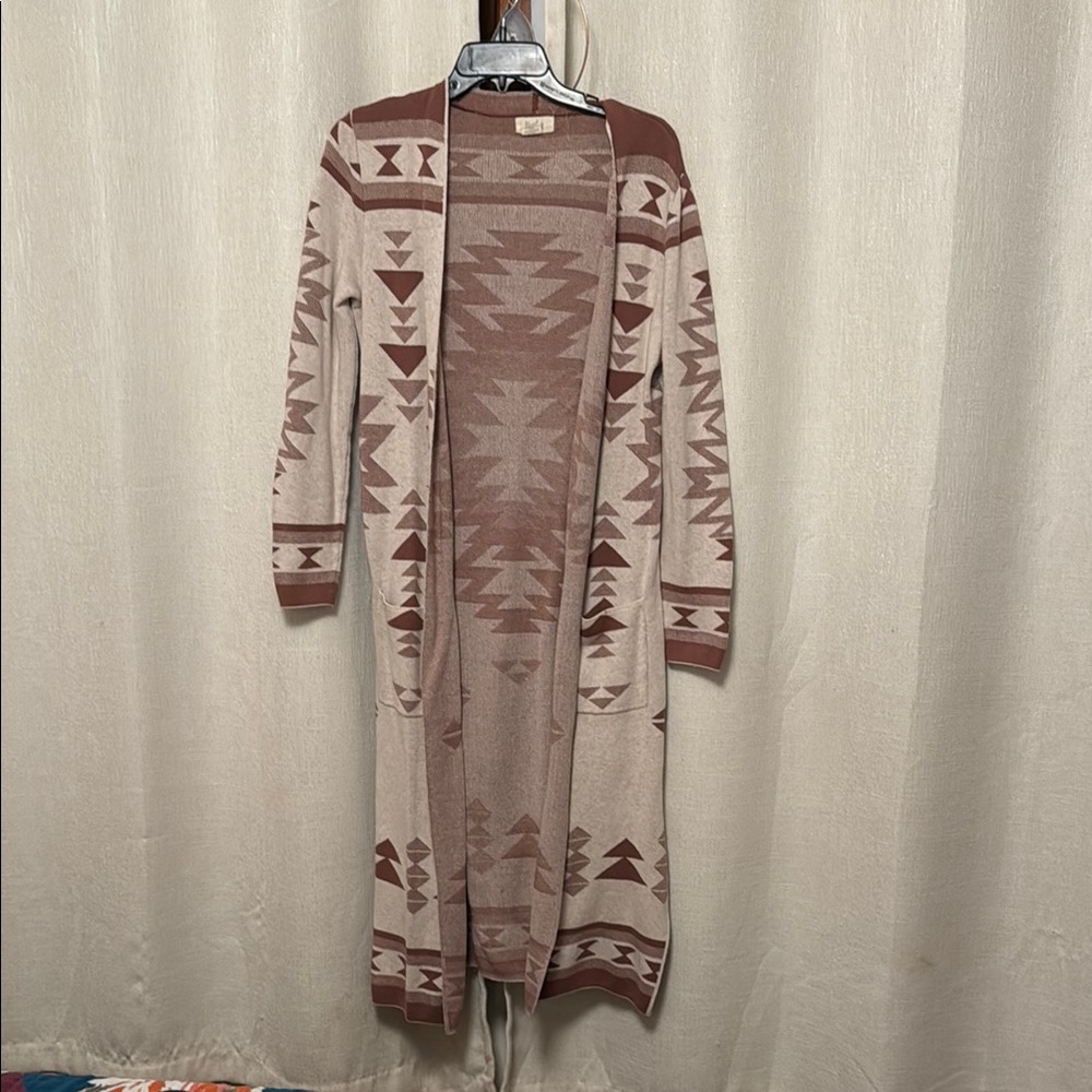 Kaisely Cream and Brown Cardigan with Geometric Pattern